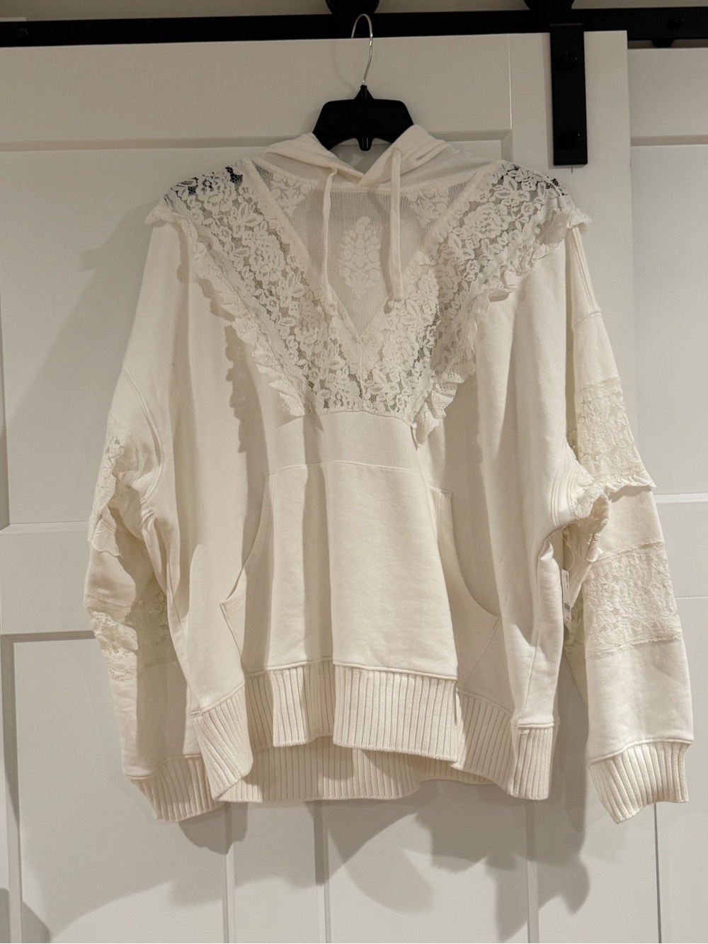 FP Movement by Free People Cream Lace-Trim Hooded Sweatshirt